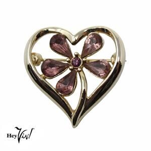 Vintage Monet Open Heart Pin Brooch Purple Rhinestone Flower Valentine - Hey Viv